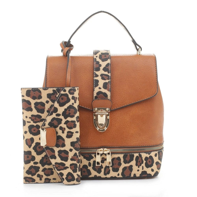 HY3016WS 3 Ways-to-Wear Leopard Catch-Lock Backpack & Wallet