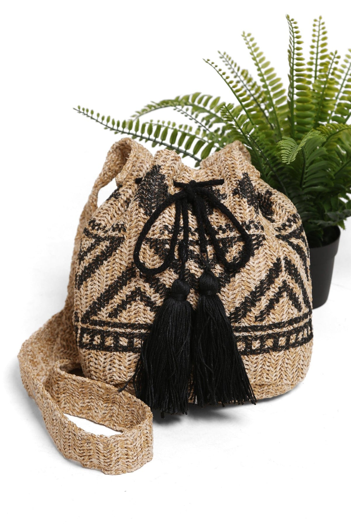 JBG211 Ariel Tribal Straw Crossbody Bucket Bag - MiMi Wholesale