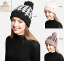 JH302 Houndstooth Super Lux Cuffed Pom-Pom Beanie - MiMi Wholesale