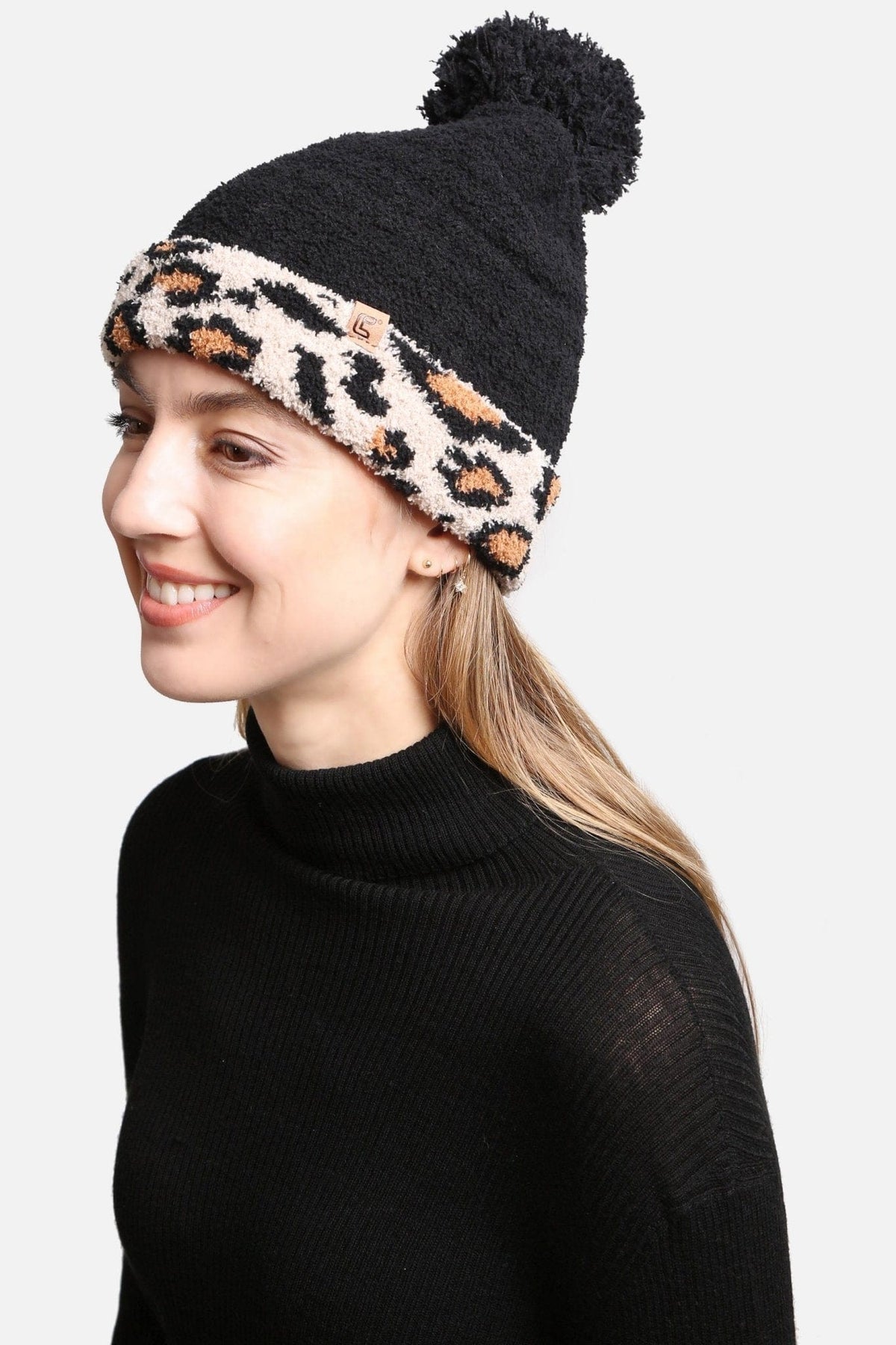 JH303 Leopard Cuffed Super Lux Lined Pom-Pom Beanie - MiMi Wholesale