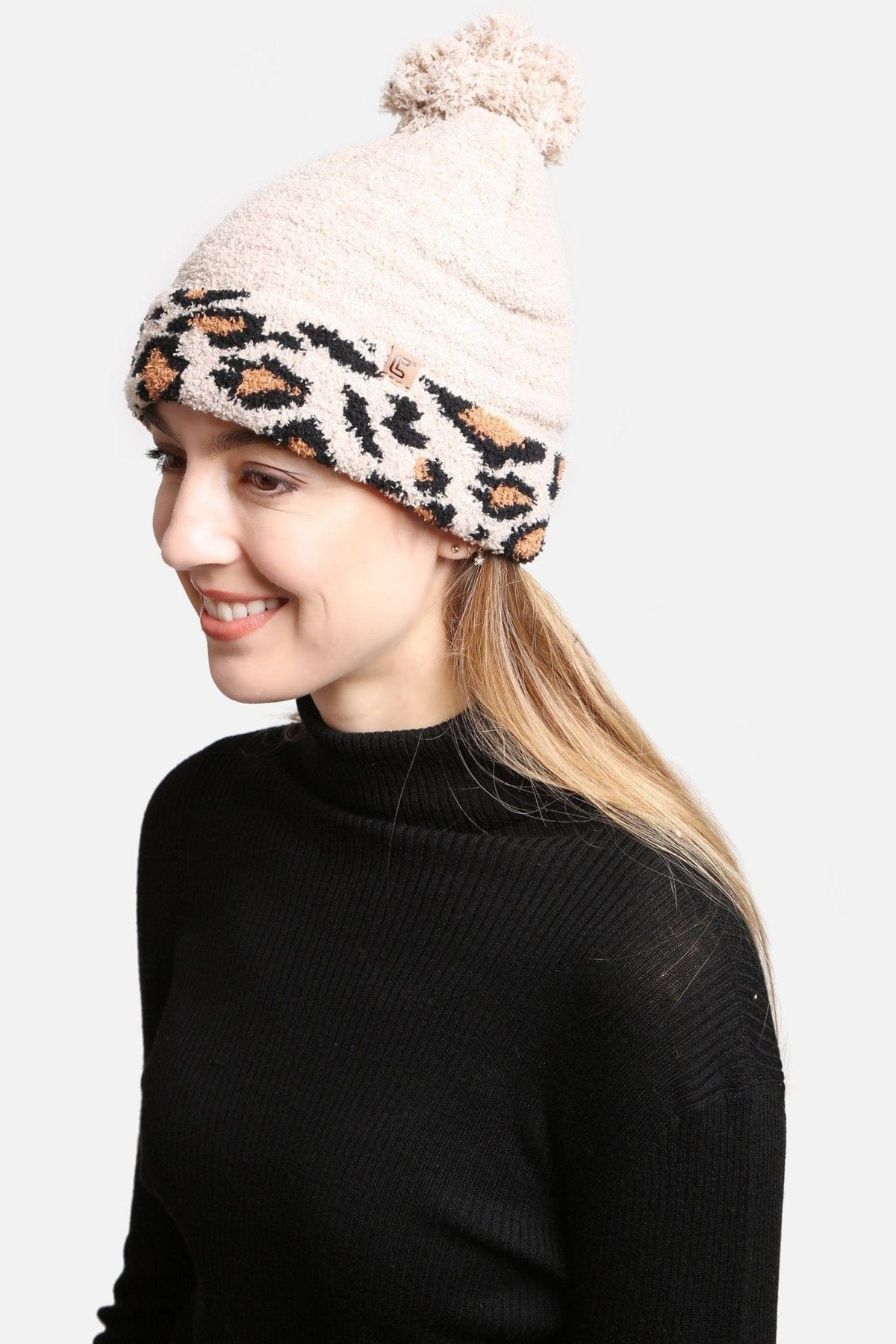 JH303 Leopard Cuffed Super Lux Lined Pom-Pom Beanie - MiMi Wholesale
