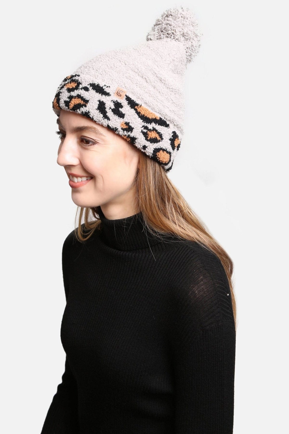 JH303 Leopard Cuffed Super Lux Lined Pom-Pom Beanie - MiMi Wholesale