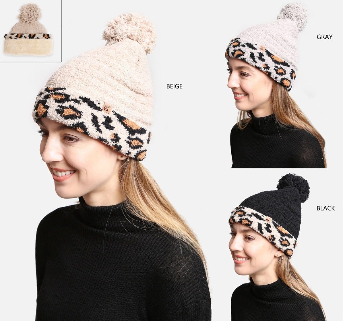 JH303 Leopard Cuffed Super Lux Lined Pom-Pom Beanie - MiMi Wholesale