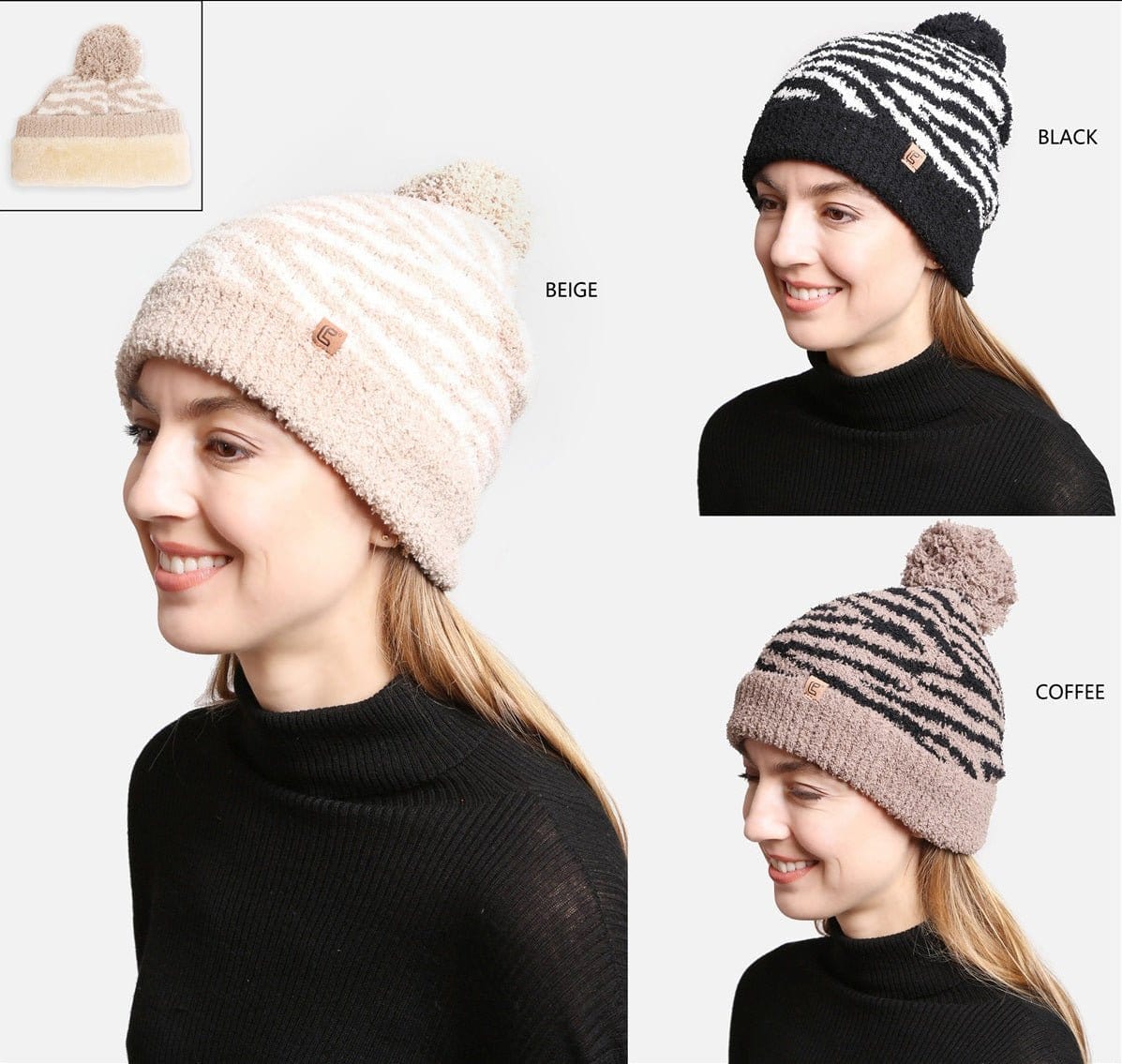 JH307 Super Lux Lined Pom-Pom Zebra Beanie - MiMi Wholesale