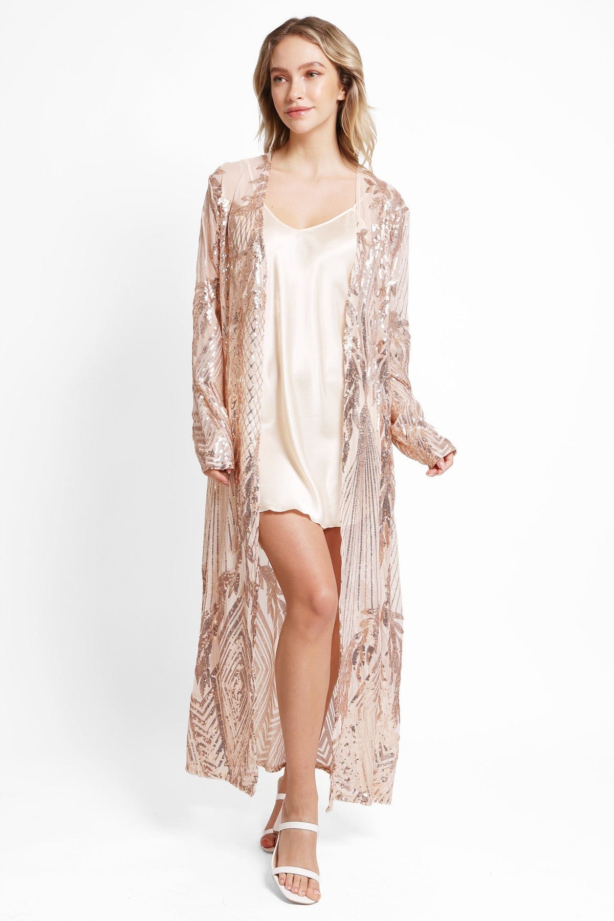 JP3523 Camille Leaves Pattern Sequin Long Kimono - MiMi Wholesale