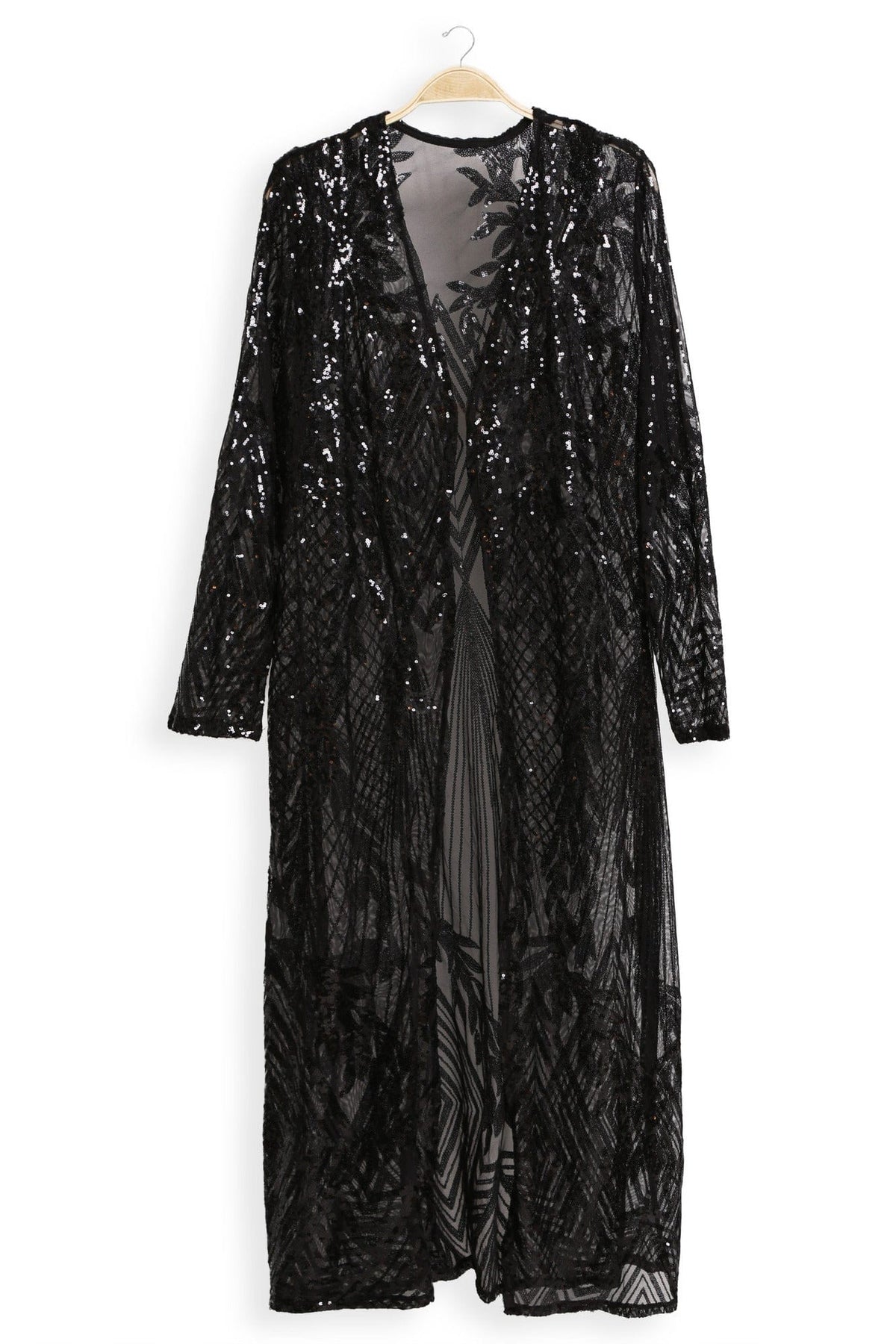 JP3523 Camille Leaves Pattern Sequin Long Kimono - MiMi Wholesale