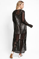 JP3523 Camille Leaves Pattern Sequin Long Kimono - MiMi Wholesale