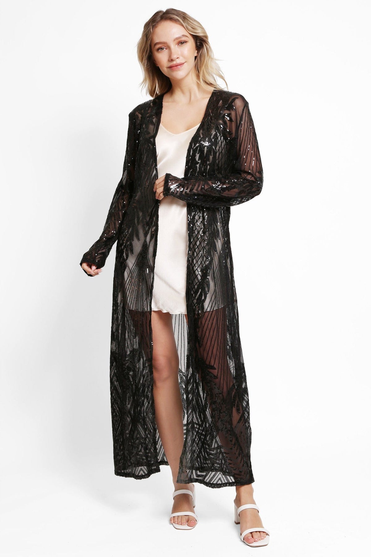 JP3523 Camille Leaves Pattern Sequin Long Kimono - MiMi Wholesale