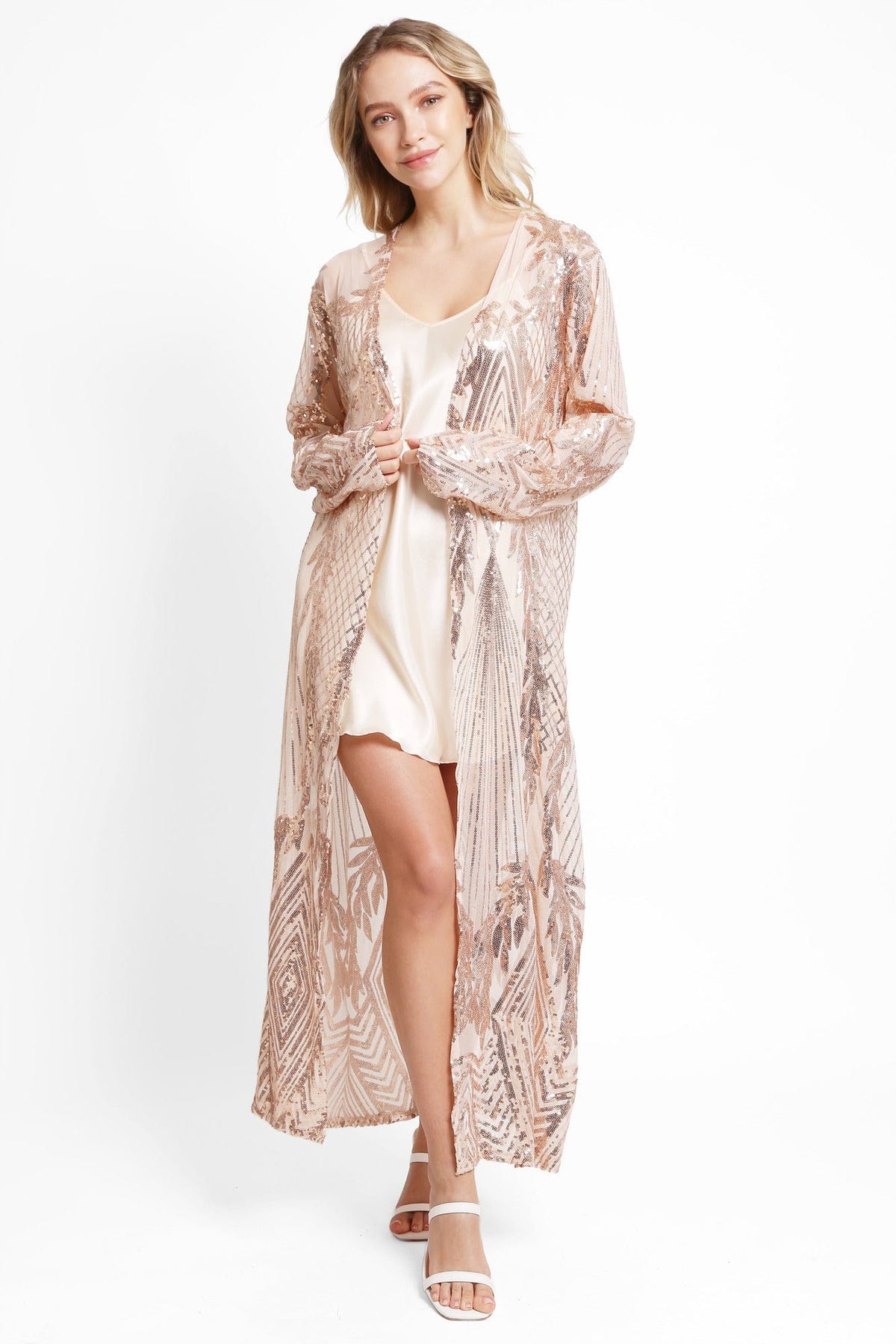 JP3523 Camille Leaves Pattern Sequin Long Kimono - MiMi Wholesale