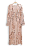 JP3523 Camille Leaves Pattern Sequin Long Kimono - MiMi Wholesale