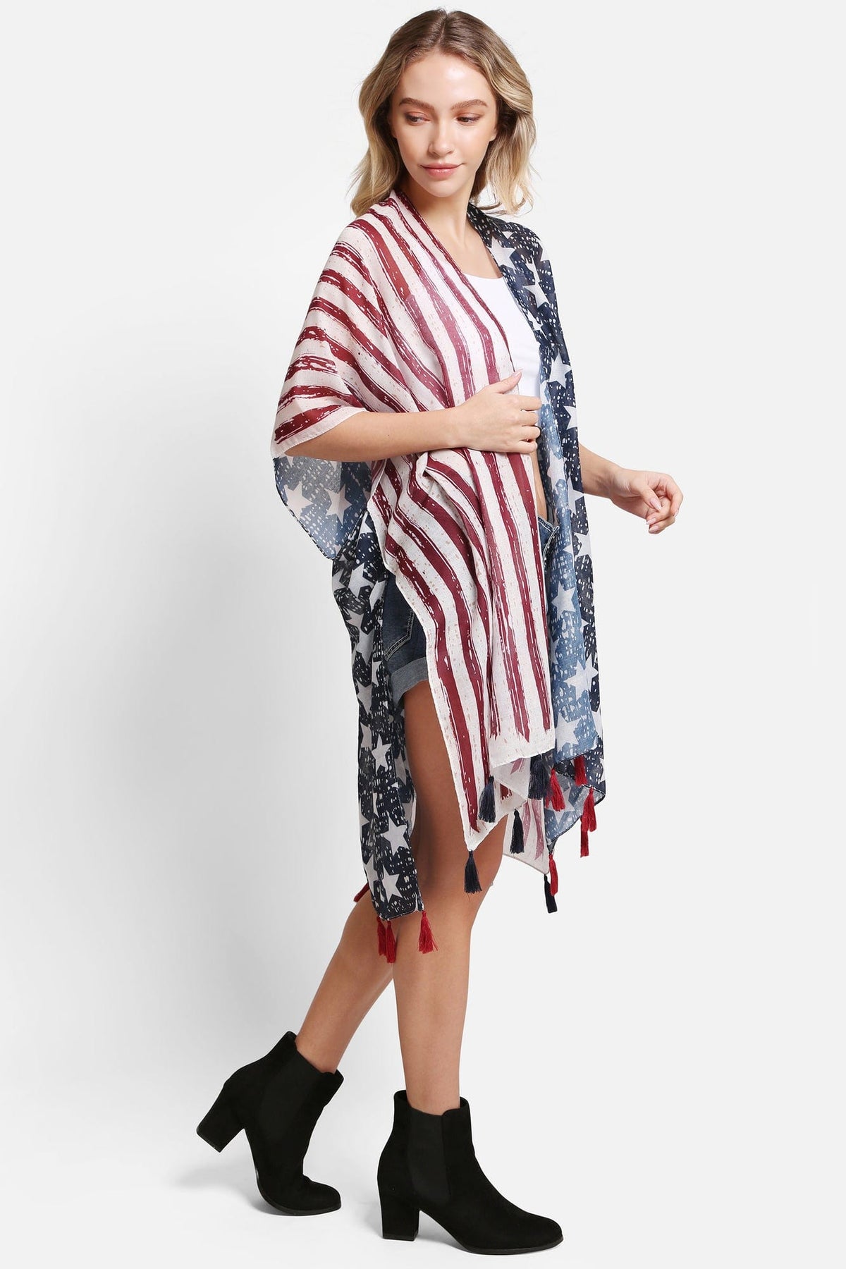 JP5008 American Flag Kimono With Tassels - MiMi Wholesale