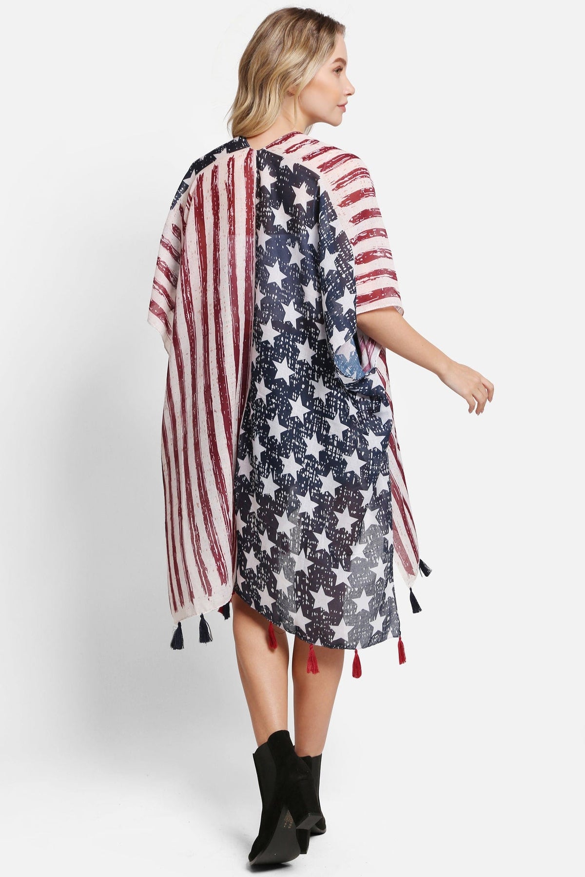 JP5008 American Flag Kimono With Tassels - MiMi Wholesale