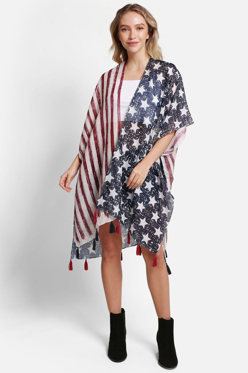 JP5008 American Flag Kimono With Tassels - MiMi Wholesale