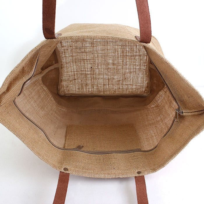 JUTE Leather Handle Jute Burlap Tote - MiMi Wholesale