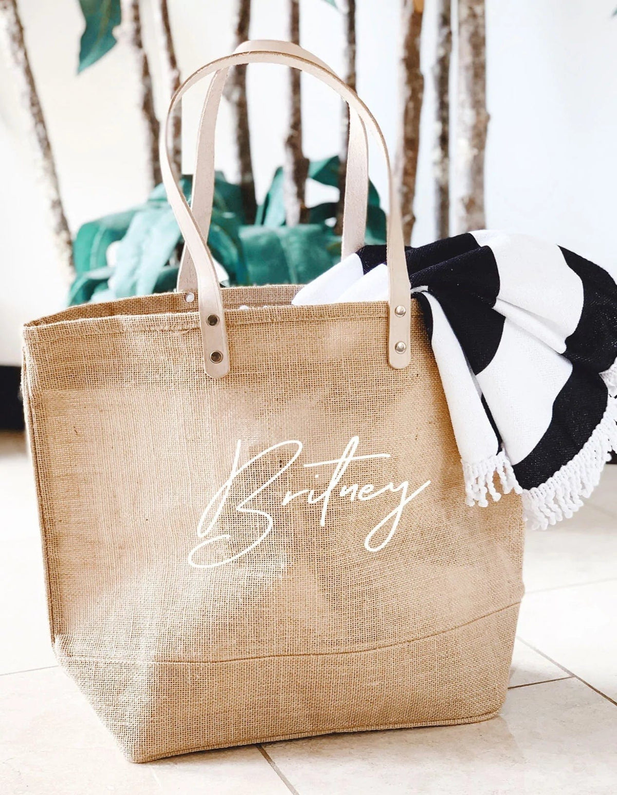 JUTE Leather Handle Jute Burlap Tote - MiMi Wholesale