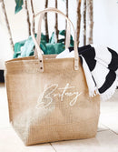 JUTE Leather Handle Jute Burlap Tote - MiMi Wholesale