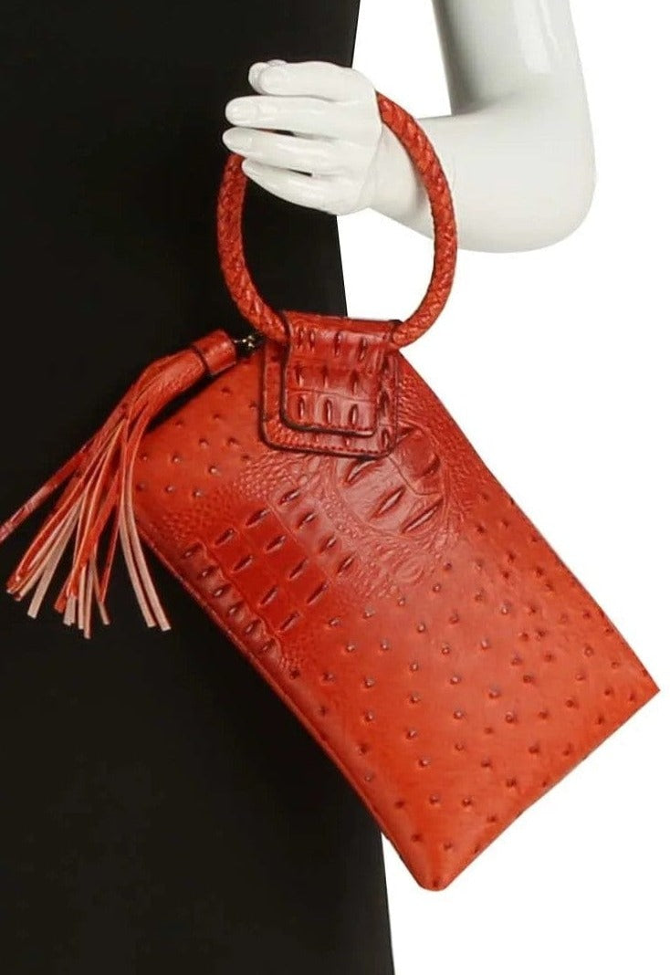 JYV0374 Tasia Croc Ostrich Bangle Wristlet/Clutch With Tassel - MiMi Wholesale