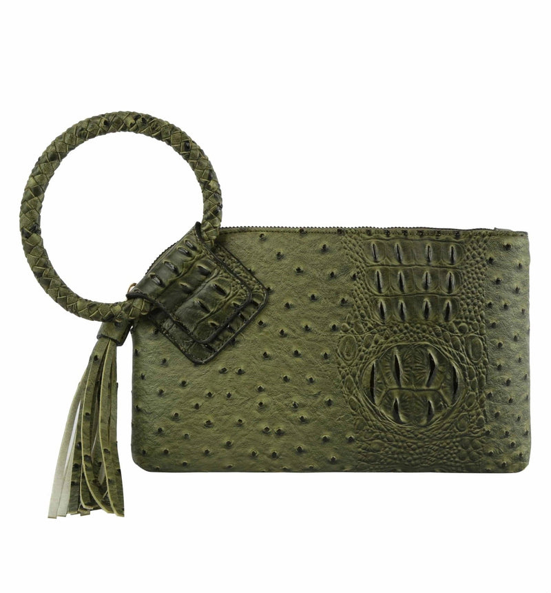 JYV0374 Tasia Croc Ostrich Bangle Wristlet/Clutch With Tassel - MiMi Wholesale