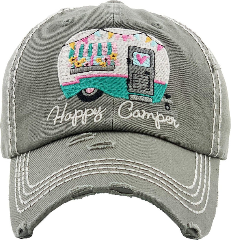 KBV1276 "HAPPY CAMPER" Vintage Washed Baseball Cap - MiMi Wholesale