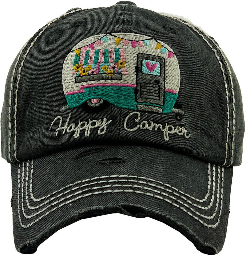 KBV1276 "HAPPY CAMPER" Vintage Washed Baseball Cap - MiMi Wholesale