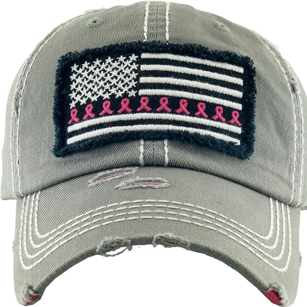 KBV1340 Breast Cancer Ribbon Flag Vintage Washed Baseball Cap - MiMi Wholesale