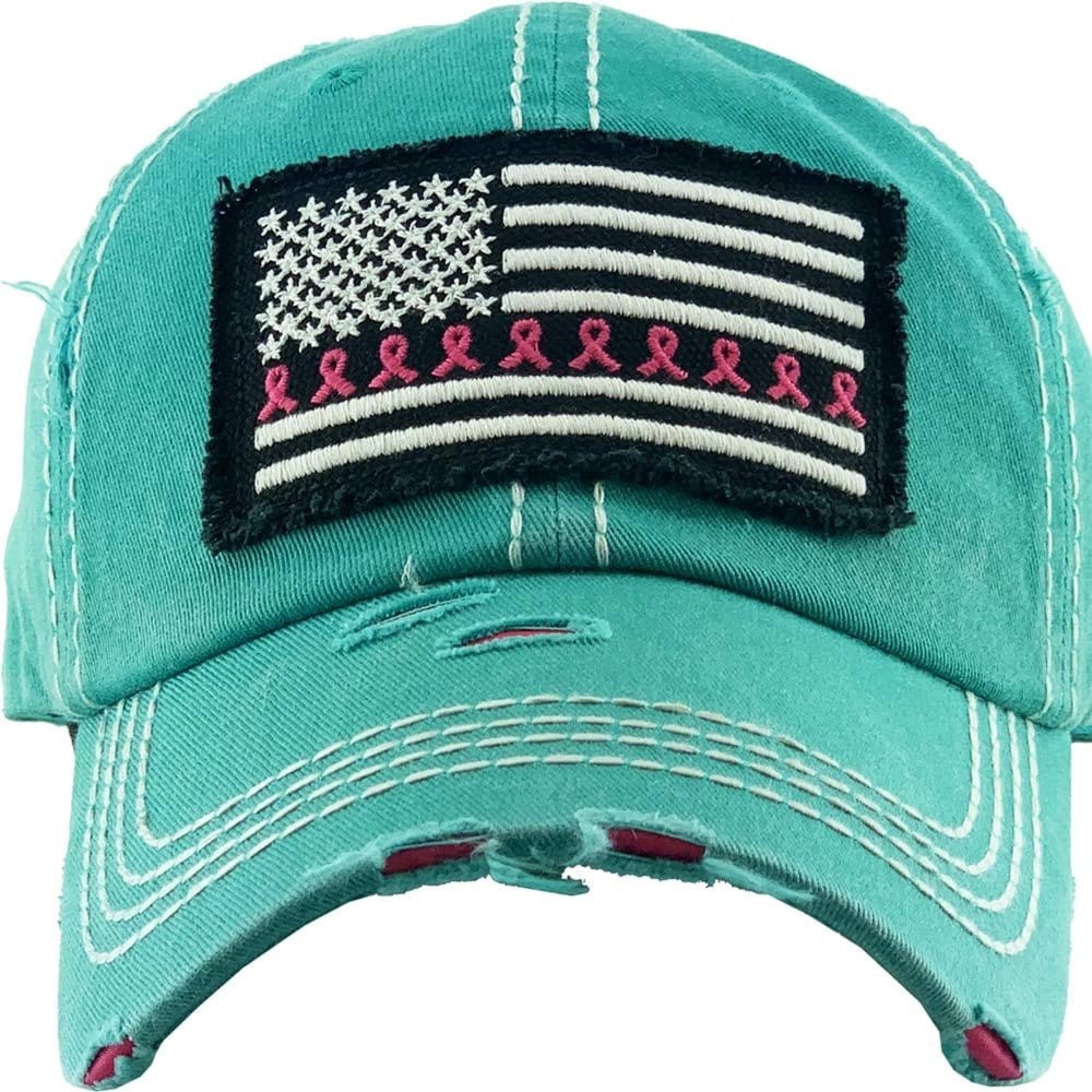 KBV1340 Breast Cancer Ribbon Flag Vintage Washed Baseball Cap - MiMi Wholesale