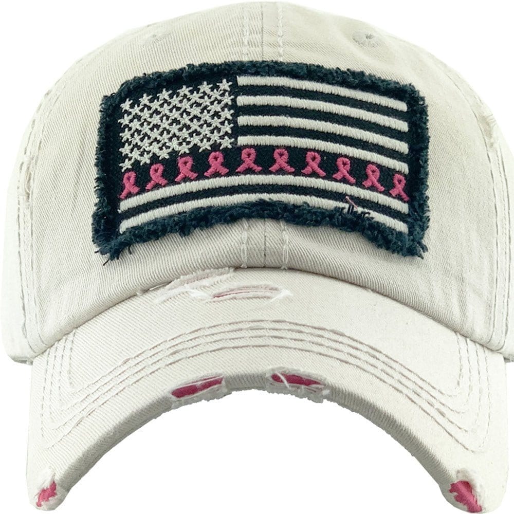 KBV1340 Breast Cancer Ribbon Flag Vintage Washed Baseball Cap - MiMi Wholesale