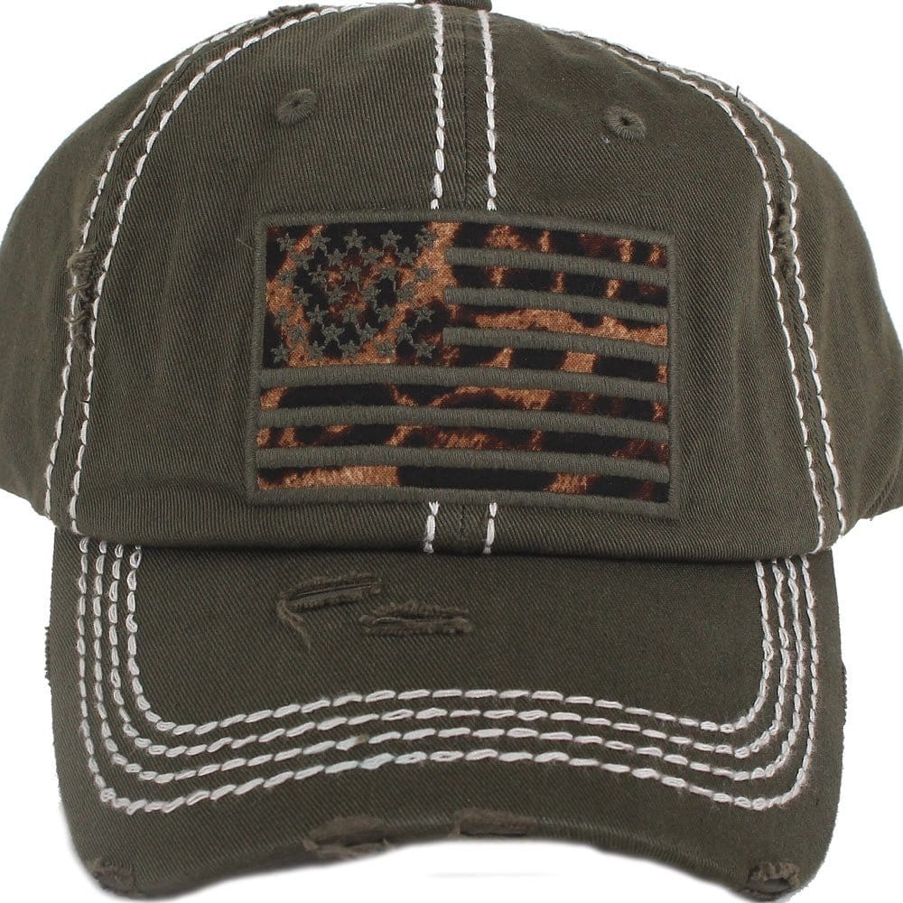 KBV1341 Leopard Print American Flag Vintage Washed Ball Cap - MiMi Wholesale