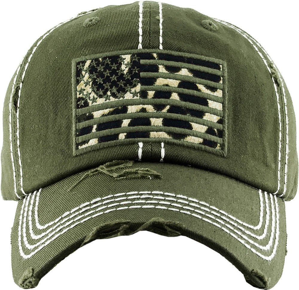 KBV1341 Leopard Print American Flag Vintage Washed Ball Cap - MiMi Wholesale