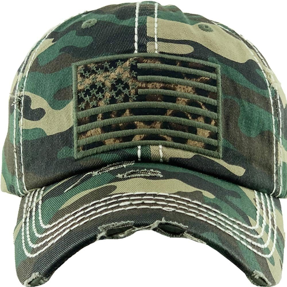 KBV1341 Leopard Print American Flag Vintage Washed Ball Cap - MiMi Wholesale