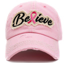 KBV1388 "Believe" Pink Ribbon Vintage Washed Baseball Cap - MiMi Wholesale