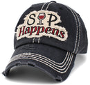KBV1398 "Sip Happens" Vintage Washed Baseball Cap - MiMi Wholesale