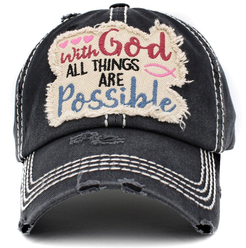 KBV1404 ''WITH GOD ALL THINGS ARE POSSIBLE'' Distressed Cotton Cap - MiMi Wholesale