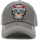 KBV1459 "Floral Sugar Skull" Washed Vintage Ballcap - MiMi Wholesale