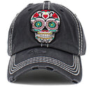 KBV1459 "Floral Sugar Skull" Washed Vintage Ballcap - MiMi Wholesale