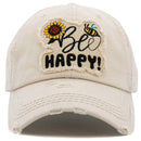 KBV1462 "Be Happy" Washed Vintage Ballcap - MiMi Wholesale