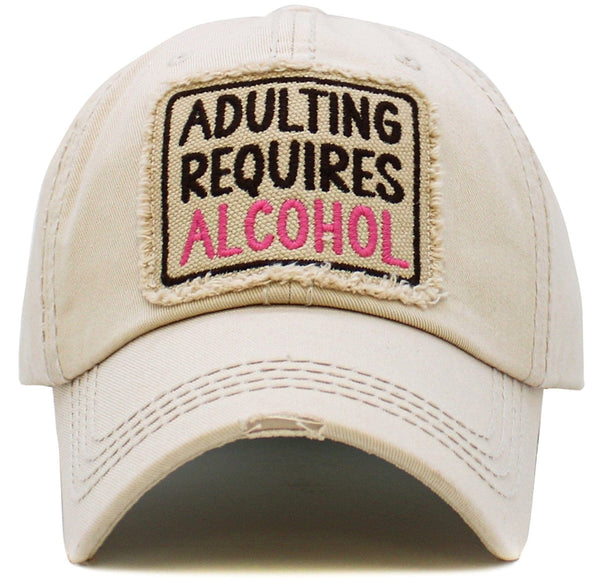 KBV1569 Adulting Requires Alcohol Washed Vintage Ballcap - MiMi Wholesale