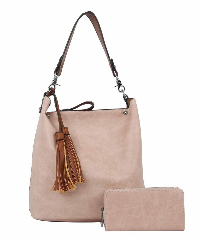 LD1431-1W 2-in-1 Double Tassel Soft Shoulder Bag w/ Wallet - MiMi Wholesale