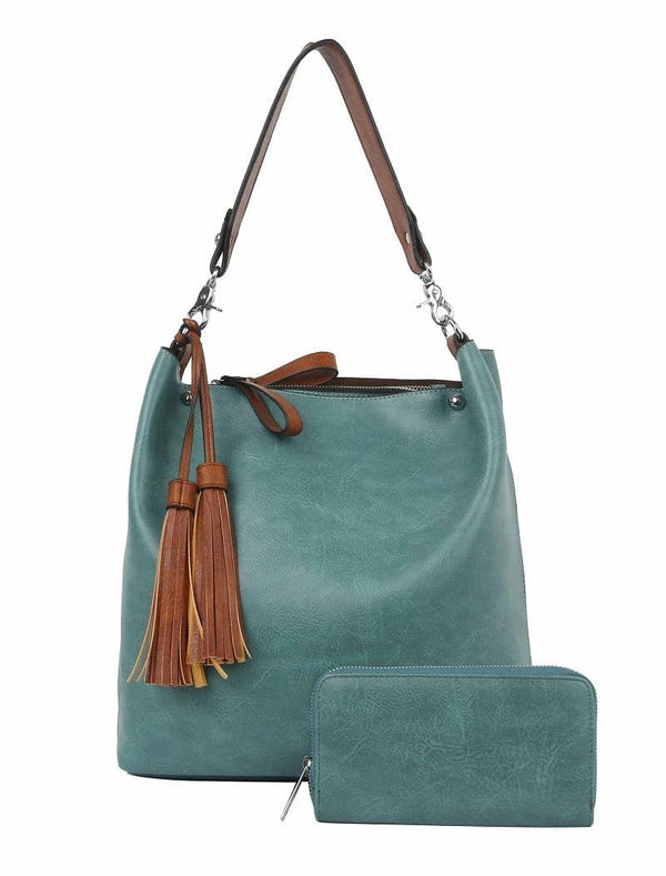 LD1431-1W 2-in-1 Double Tassel Soft Shoulder Bag w/ Wallet - MiMi Wholesale