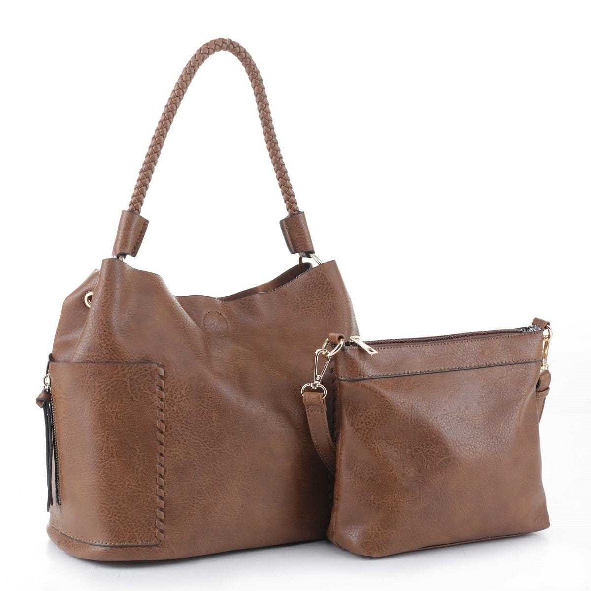 LF5118S Braided Handle Whipstitch 2-in1 Shoulder Bag/Crossbody - MiMi Wholesale
