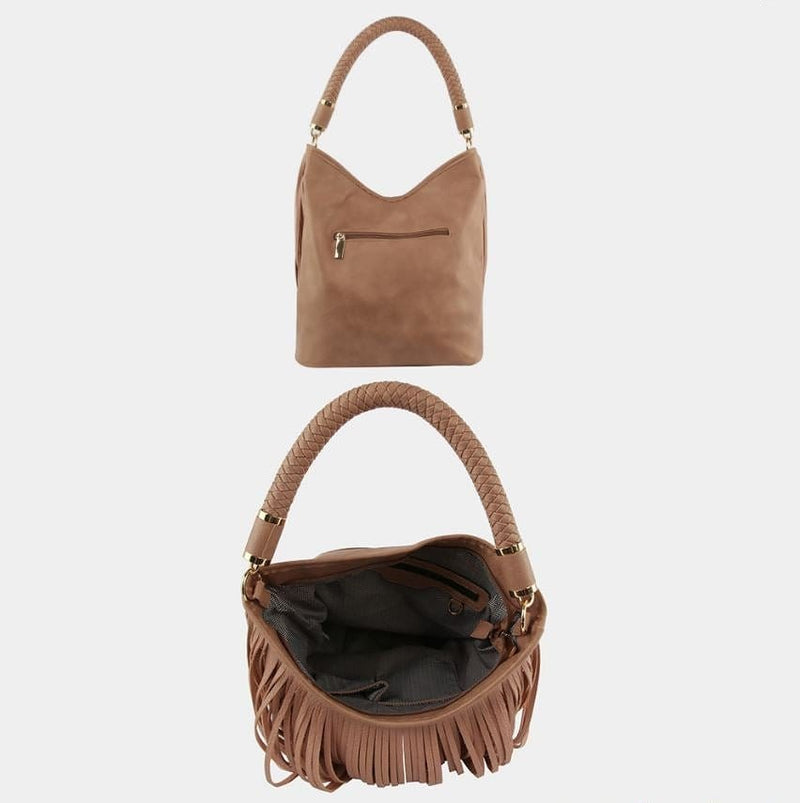 LHU465-1W Braided Rope Handle Fringe Hobo Bag - MiMi Wholesale