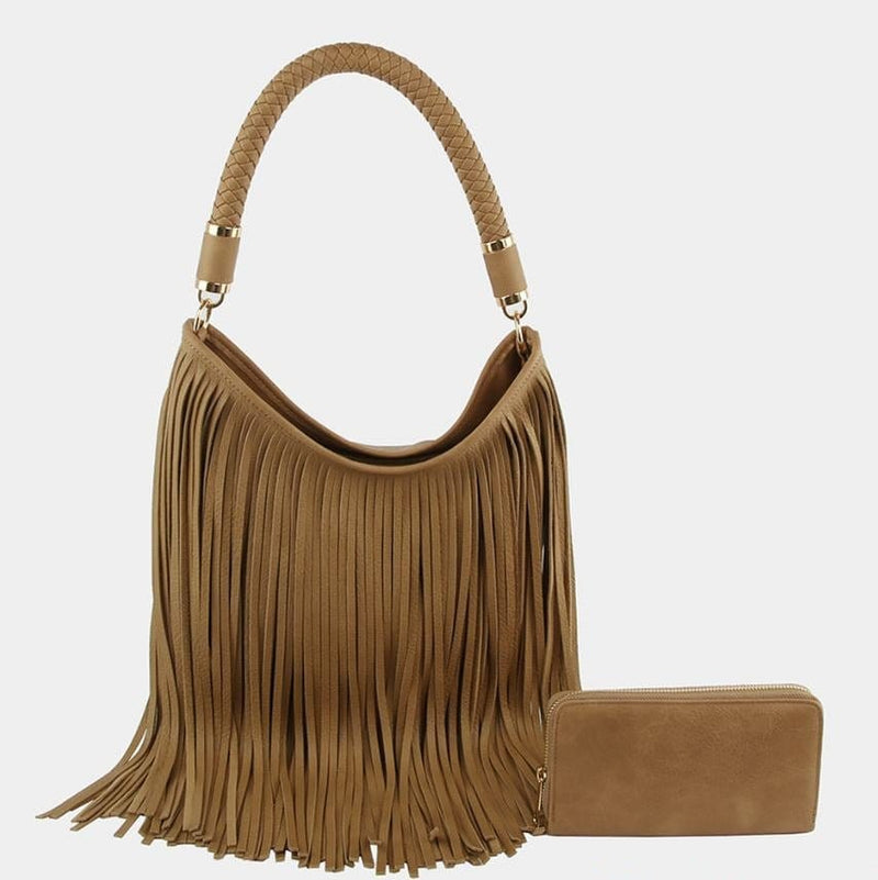 LHU465-1W Braided Rope Handle Fringe Hobo Bag - MiMi Wholesale