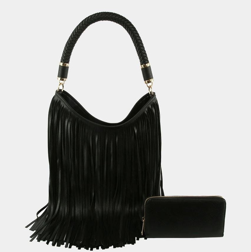 LHU465-1W Braided Rope Handle Fringe Hobo Bag - MiMi Wholesale