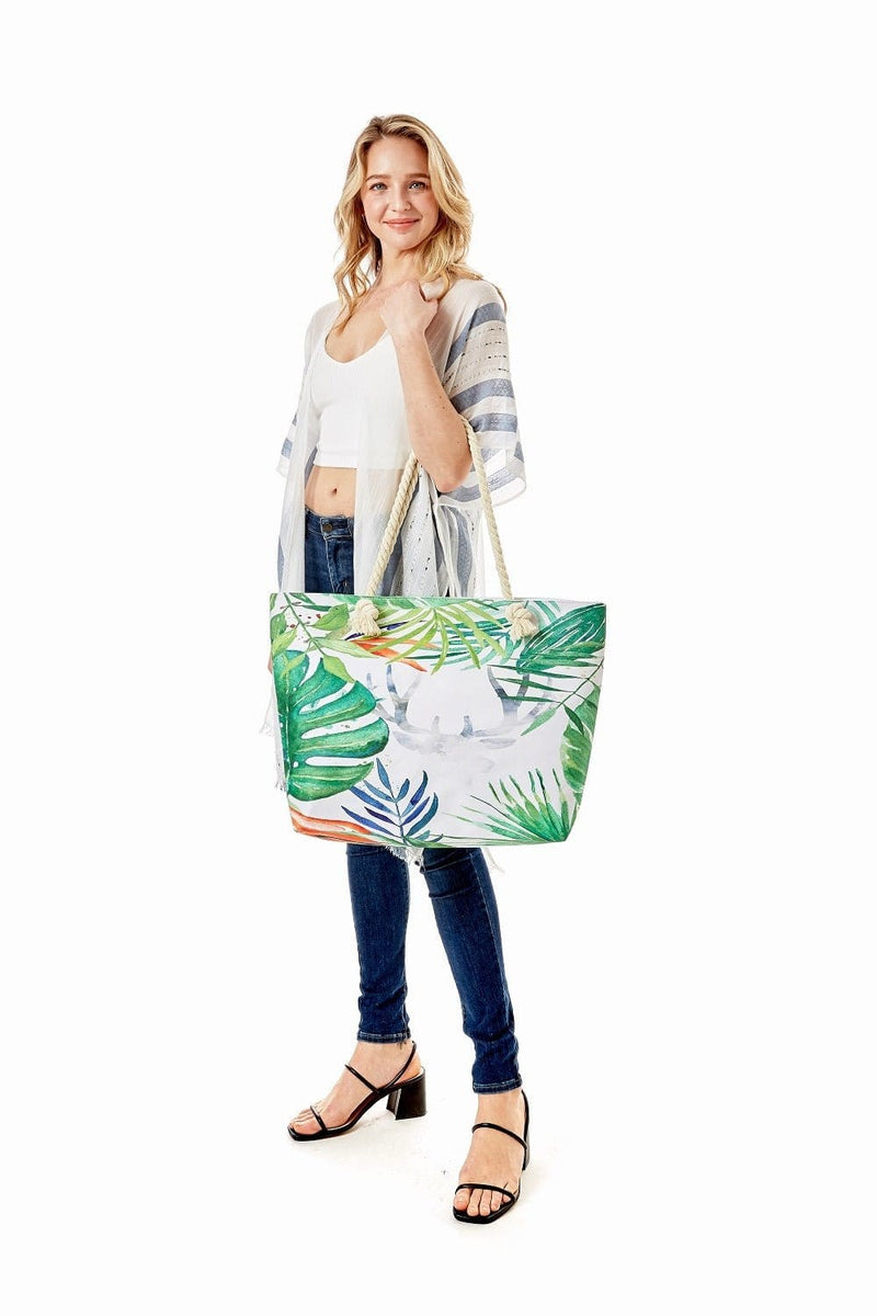 LOA329 Tropical Leaf Print Summer Beach Tote Bag - MiMi Wholesale