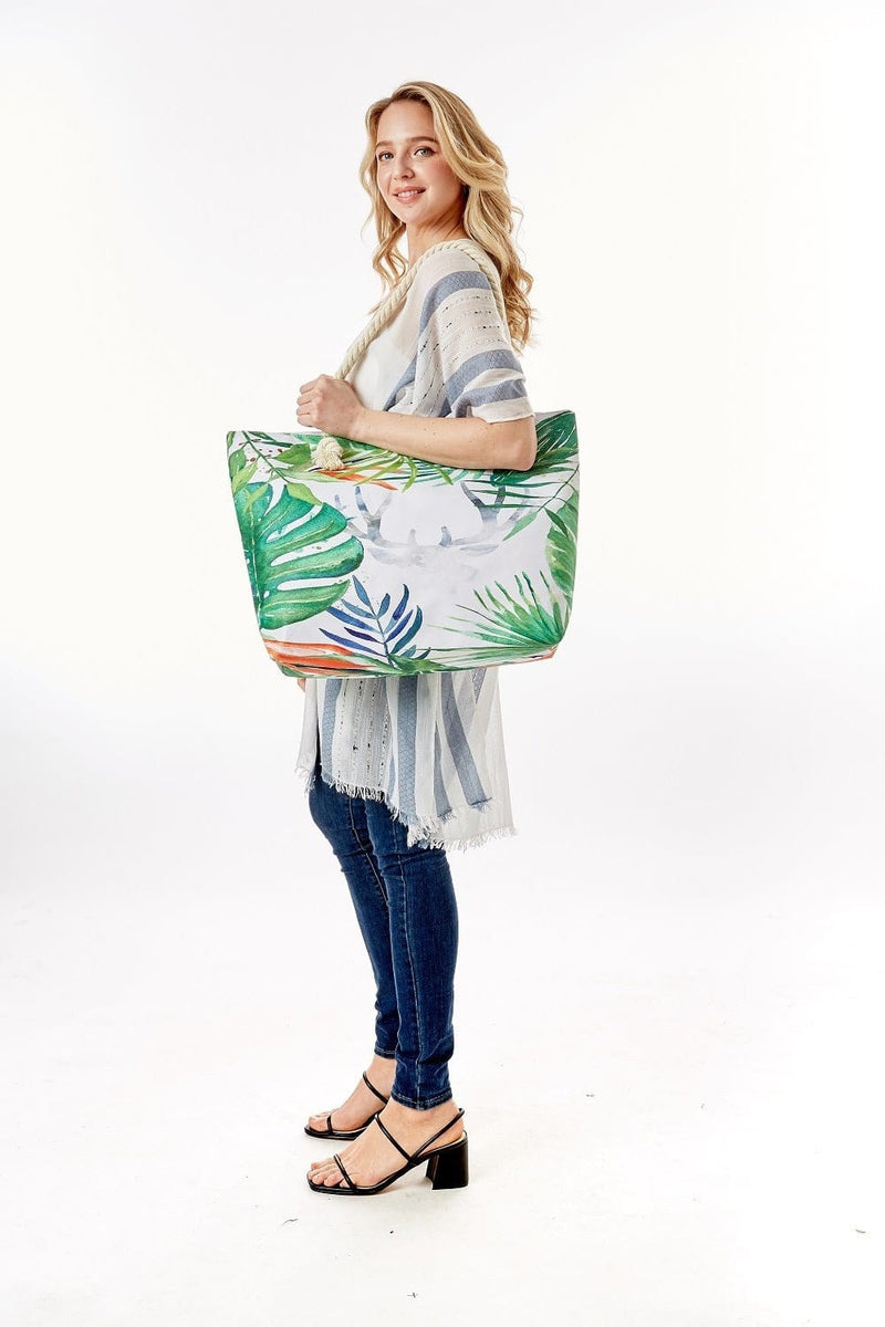 LOA329 Tropical Leaf Print Summer Beach Tote Bag - MiMi Wholesale