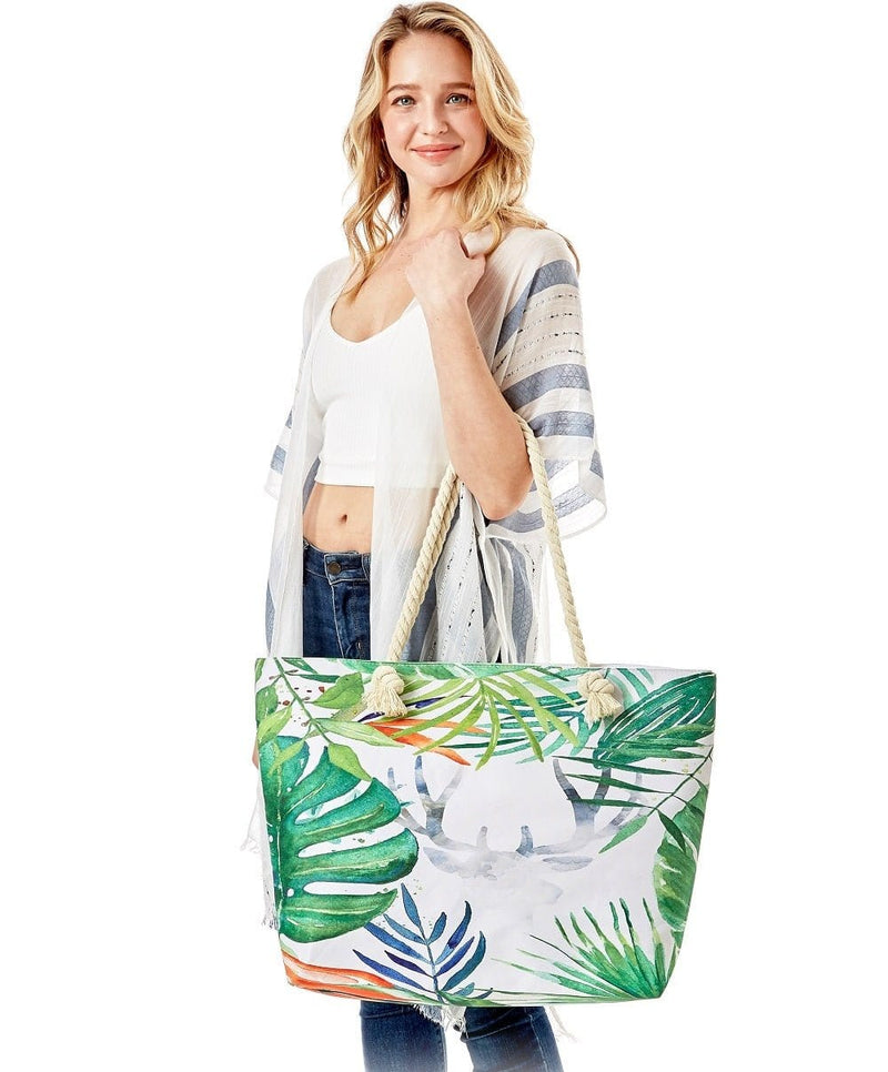 LOA329 Tropical Leaf Print Summer Beach Tote Bag - MiMi Wholesale