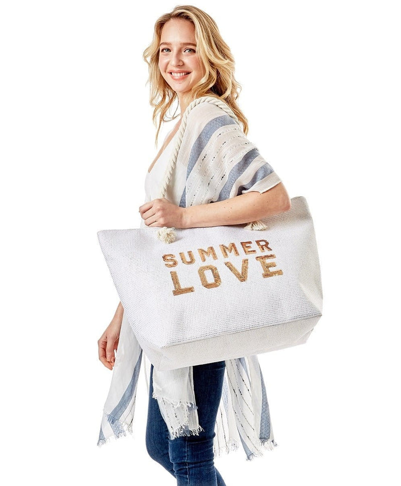 LOA375 Glitz Sequins Letter Summer Love Beach Tote Bag