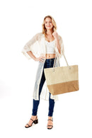 LOA376 Two Tone Beige Straw Beach Tote - MiMi Wholesale