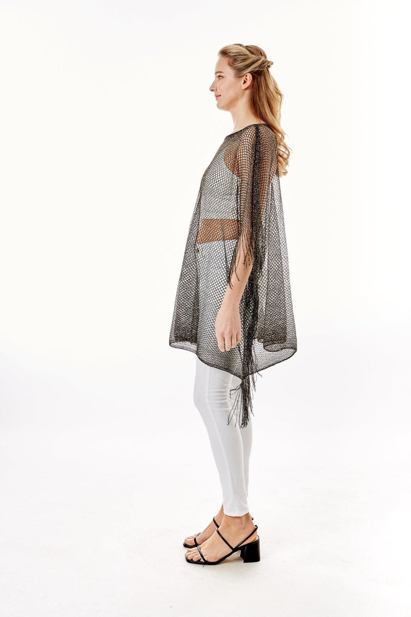 LOF801Metallic Net Cover-ups Fringes Poncho - MiMi Wholesale