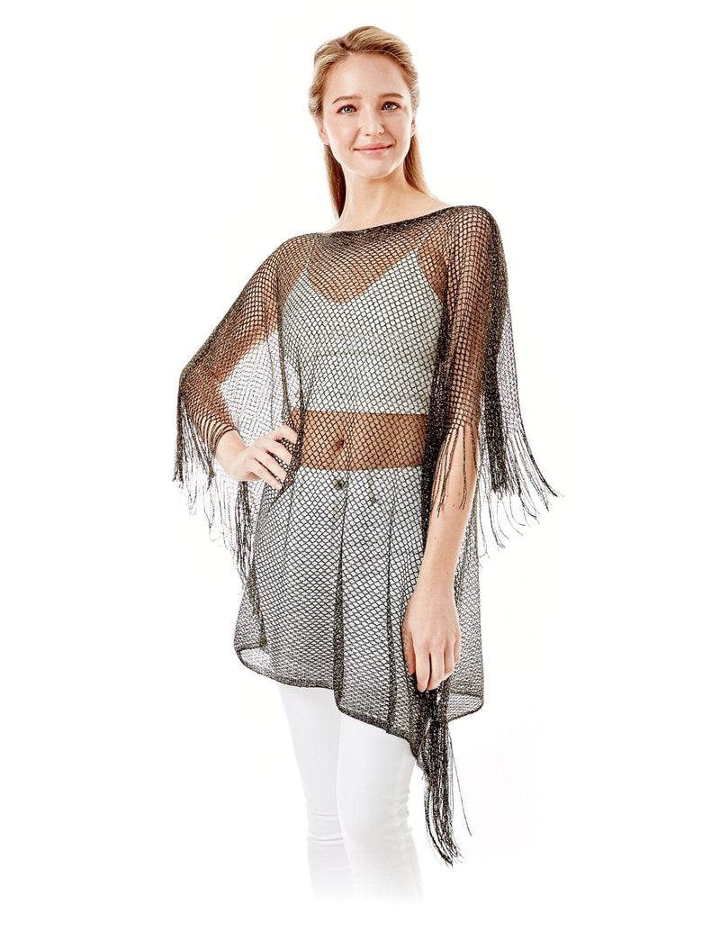 LOF801Metallic Net Cover-ups Fringes Poncho - MiMi Wholesale